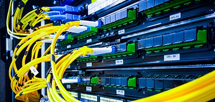 Fiber optic cables plugged into a structured cabling system