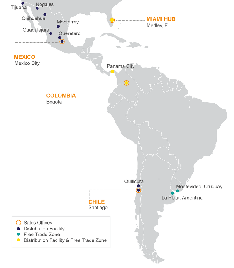 A map of South America and Mexico