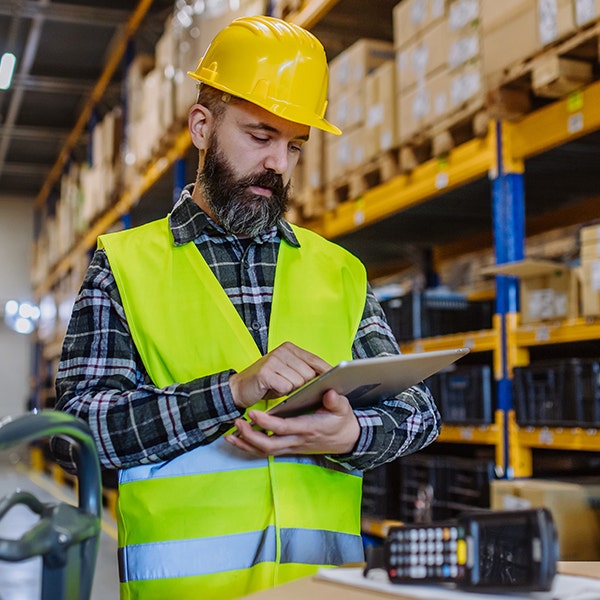 A male associate working on his tablet in a warehouse while in uniform